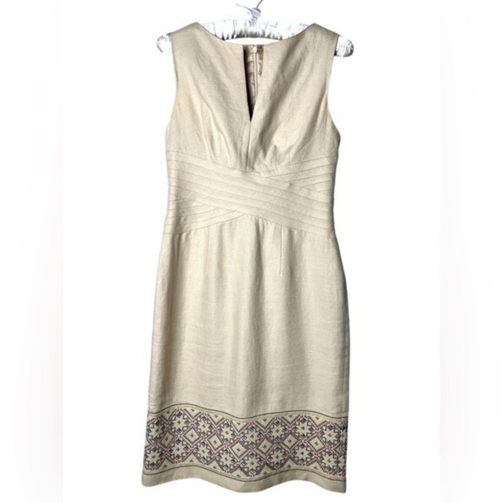 Vintage Kay Unger Linen Embroidered Dress Womens 2 Classic Preppy Minimalist